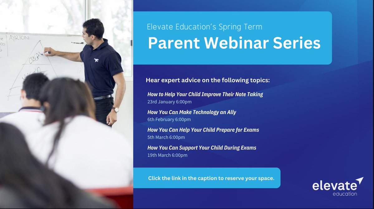 Tomorrow: Tues 19 March 6-7pm ELEVATE FREE PARENT LIVE WEBINAR: How You Can Support Your Child During Exams Elevate will be showing ways to optimise exam performance by establishing a good routine in the days before an assessment. Register here: bit.ly/4adrgCM