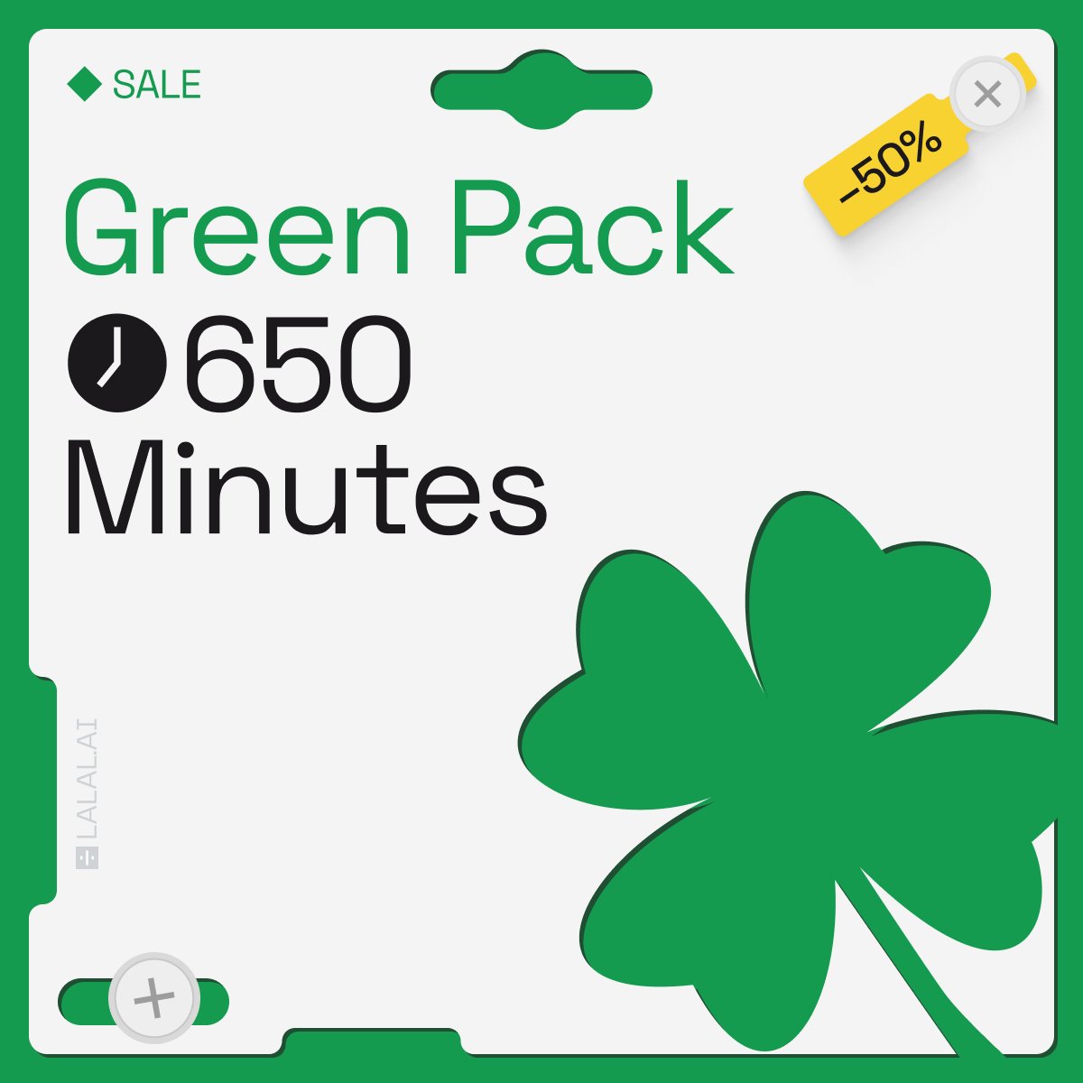 ai_lalal's tweet image. 🍀 Shamrock &amp;amp; roll this St. Patrick&apos;s Day with @LALAL.AI! 

Grab our exclusive 650-minute Green Pack for just $40 - that&apos;s 50% off! 🎶💚 Don&apos;t miss this once-a-year deal. Sale starts today and ends March 25th. 

Get lucky now: lalal.ai/pricing/

#StPatricksDaySale #LALALAI