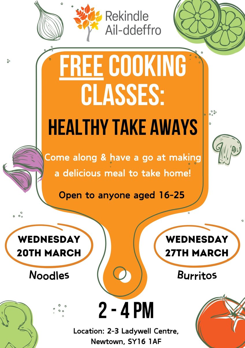 The #mentalhealth charity for young people in North #Powys 👉 @RekindlePowys has teamed up with Cultivate to provide these brilliant FREE cooking classes for 16 - 25 year olds! 🥥🍒🥦🧅😀 Book in by emailing: cristina.roberts@rekindle.org.uk or call 01686 722222. #MidWales
