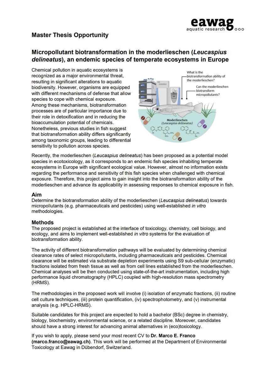 Marco E. Franco (@mefranco91) on Twitter photo Master Thesis Opportunity π¨ at <a href="/Utox_Eawag/">Utox_Eawag</a>
Please see below and spread the word! #Ecotoxicology #Micropollutants #Biotransformation Master Thesis Opportunity π¨ at <a href="/Utox_Eawag/">Utox_Eawag</a>
Please see below and spread the word! #Ecotoxicology #Micropollutants #Biotransformation