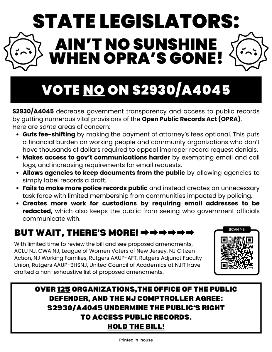 NJWFP's tweet photo. 🌤️Ain't no sunshine when OPRA's gone
🗃️It's not fair when records go away
⛅Ain't no sunshine when OPRA's gone
💪Instead of making access strong
🏛️Trenton's tryna make logs go away
🗳️And I know...they ought to pull the bill from a vote
⛅Cause ain't no sunshine when OPRA's gone https://t.co/1JQUwoOYsb
