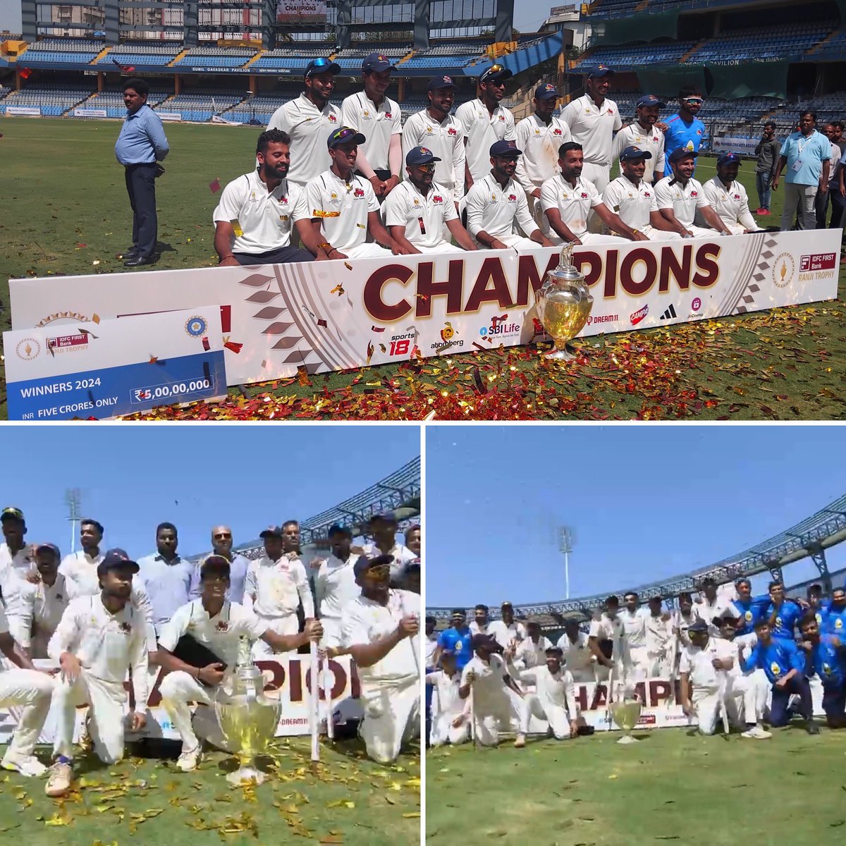Congratulations to the Mumbai team on historic 42nd Ranji Trophy win 🏆 ! Your perseverance, skill, and teamwork have once again brought glory to Mumbai cricket. Well done, champions! 👏💙🏆 📷: BCCI/GauravGupta #RanjiTrophyFinal #RanjiTrophy #CricketTwitter