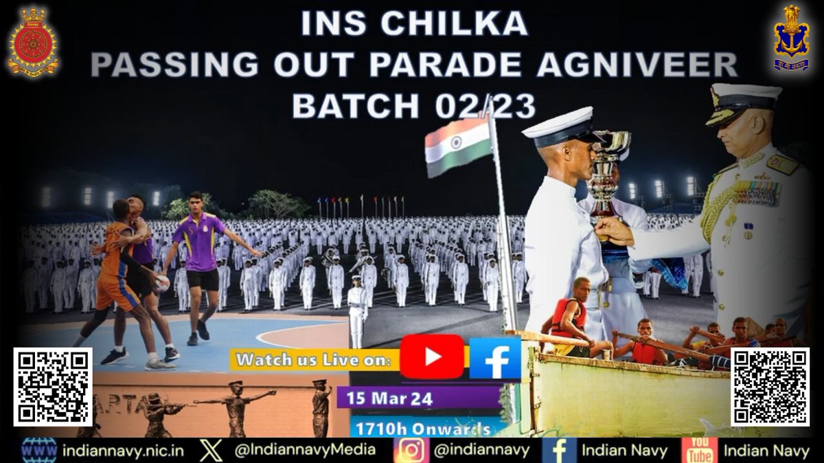 #WeTraintheRaw

🌟 Join us LIVE 📹for a #historic moment as the 3⃣rd batch of proud #Agniveers 🚀  pass out from 
📍@IN_Chilka  on 
🗓️  1⃣5⃣ March at
🕐 5⃣:1⃣0⃣ PM IST

🔗Youtube Channel ▶️youtube.com/live/ZaqWZtY-p…
Facebook ▶️ facebook.com/events/3637861…

#RawtoReady 
#Duty #Honour