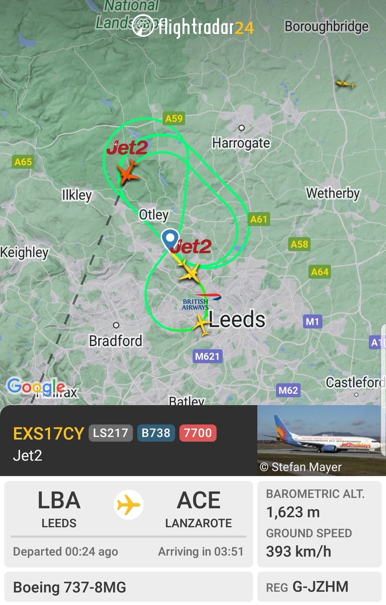 b737m's tweet image. 🚨🚨🚨 #Emergency_Landing
#Squawk alert 7700
#Jet2
EXS17CY / LS217
#Boeing 737-8MG
Reg: G-JZHM
From #Leeds 🇬🇧 (LBA) to #Lanzarote 🇪🇸 (ACE)
Diverting and back to #Leeds 🇬🇧 (LBA)

.