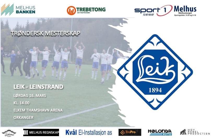 Kamp 2 i Trøndersk Mesterskap ⚔️

Vi fikk en god start på sesongen 2024 med seier 2-0 mot Heimdal. Nå er det Leinstrand som står for tur i kamp 2 i gruppespillet i Trøndersk Mesterskap. Kampen spilles på Orkanger lørdag 16. mars kl. 14.00💙🤍