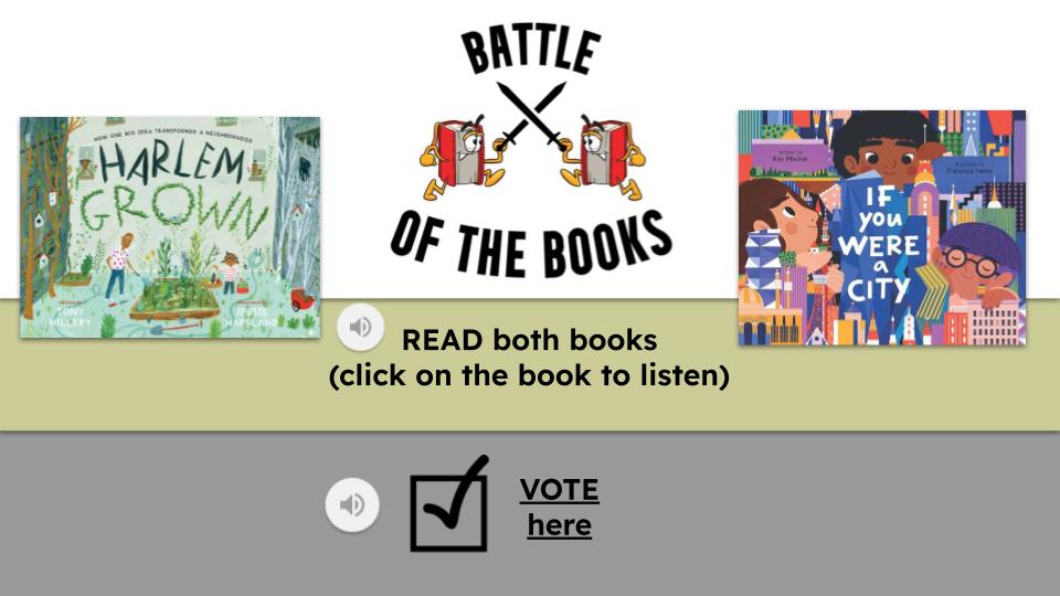 This week's #BattleOfTheBooks features cities. My goal this year was to balance fiction and nonfiction titles. @JessieHartland