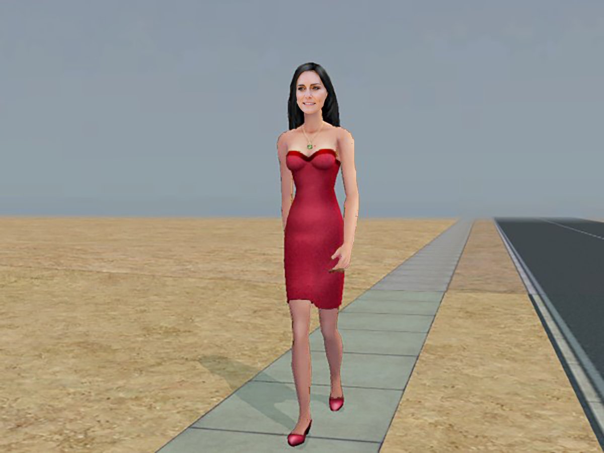 🚨 BREAKING NEWS 🚨 Kate Middleton spotted in The Sims 2's Strangetown wearing a red strapless dress, a green pendant on a gold chain, and a black wig