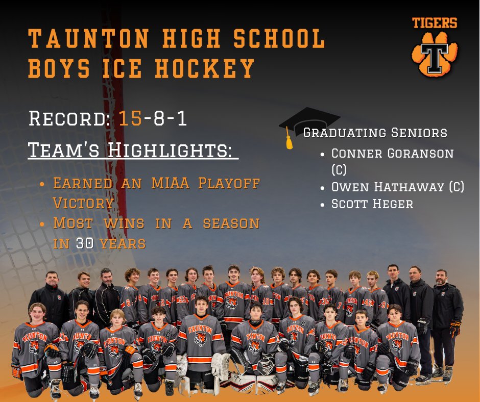 Taunton_Schools's tweet image. The Tigers of @TauntonHSHockey posted an impressive 15-8-1 record this year in addition to an MIAA playoff win and a season the district will never forget. Great work, Tigers, and best of luck to three graduating seniors! 🐯🏒