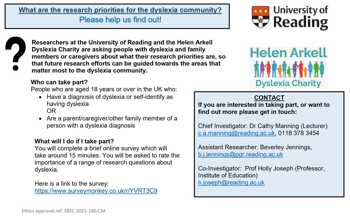 We're pleased to be working with @DyslexiaShowUK to boost responses to our @UniofReading @ArkellDyslexia research survey. This is your chance to tell us what future #dyslexia #research should focus on: surveymonkey.co.uk/r/YVRT3C9