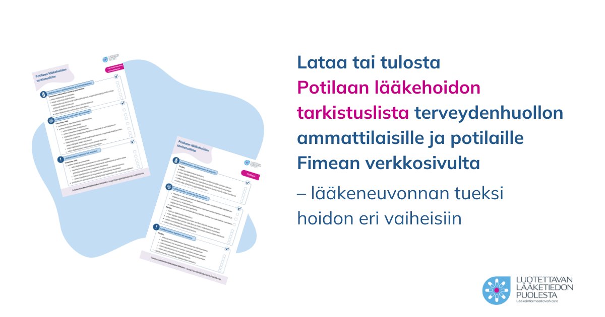 Potilaan lääkehoidon tarkistuslista tukee lääkeneuvontaa hoidon eri vaiheissa, lue lisää verkkouutisestamme: fimea.fi/-/potilaan-laa… #LääkehoidonPäivä #TunneLääkkeesi #lääkehoito