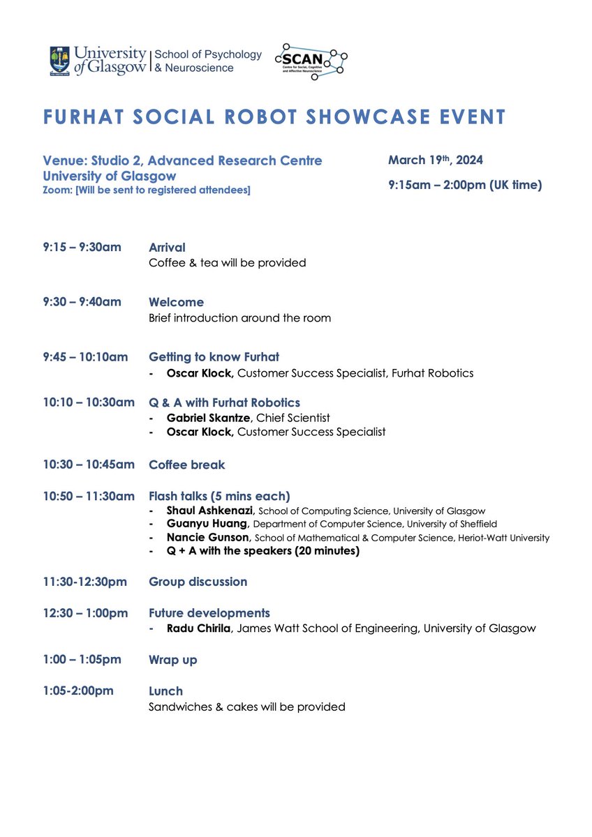 Chaona Chen (@chaona_chen) on Twitter photo 📢Join us next Tuesday for an informal half-day event <a href="/UofG_cSCAN/">cSCAN University of Glasgow</a> to demo the latest Furhat social robot🤖. Featuring Q&A sessions with guests from <a href="/furhatrobotics/">Furhat Robotics</a> and various research groups. Attend in-person or virtually. All welcome!
Register here: forms.office.com/e/NfjAzzxeve 📢Join us next Tuesday for an informal half-day event <a href="/UofG_cSCAN/">cSCAN University of Glasgow</a> to demo the latest Furhat social robot🤖. Featuring Q&A sessions with guests from <a href="/furhatrobotics/">Furhat Robotics</a> and various research groups. Attend in-person or virtually. All welcome!
Register here: forms.office.com/e/NfjAzzxeve