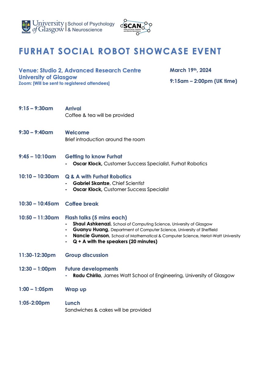 📢Join us next Tuesday for an informal half-day event @UofG_cSCAN to demo the latest Furhat social robot🤖. Featuring Q&A sessions with guests from @furhatrobotics and various research groups. Attend in-person or virtually. All welcome! Register here: forms.office.com/e/NfjAzzxeve