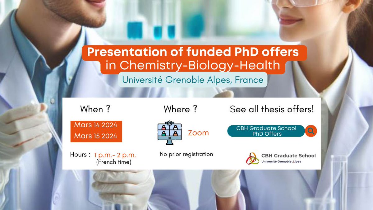 🙌Interested in funded PhD offers in Chemistry-Biology-Health @UGrenobleAlpes ? 👉On March 14 and 15, CBH Graduate School, ARCANE and GRAL consortiums are organizing presentations of PhD subjects for 2024. Meet them online at 1pm on this link : lnkd.in/dd8bFZhz