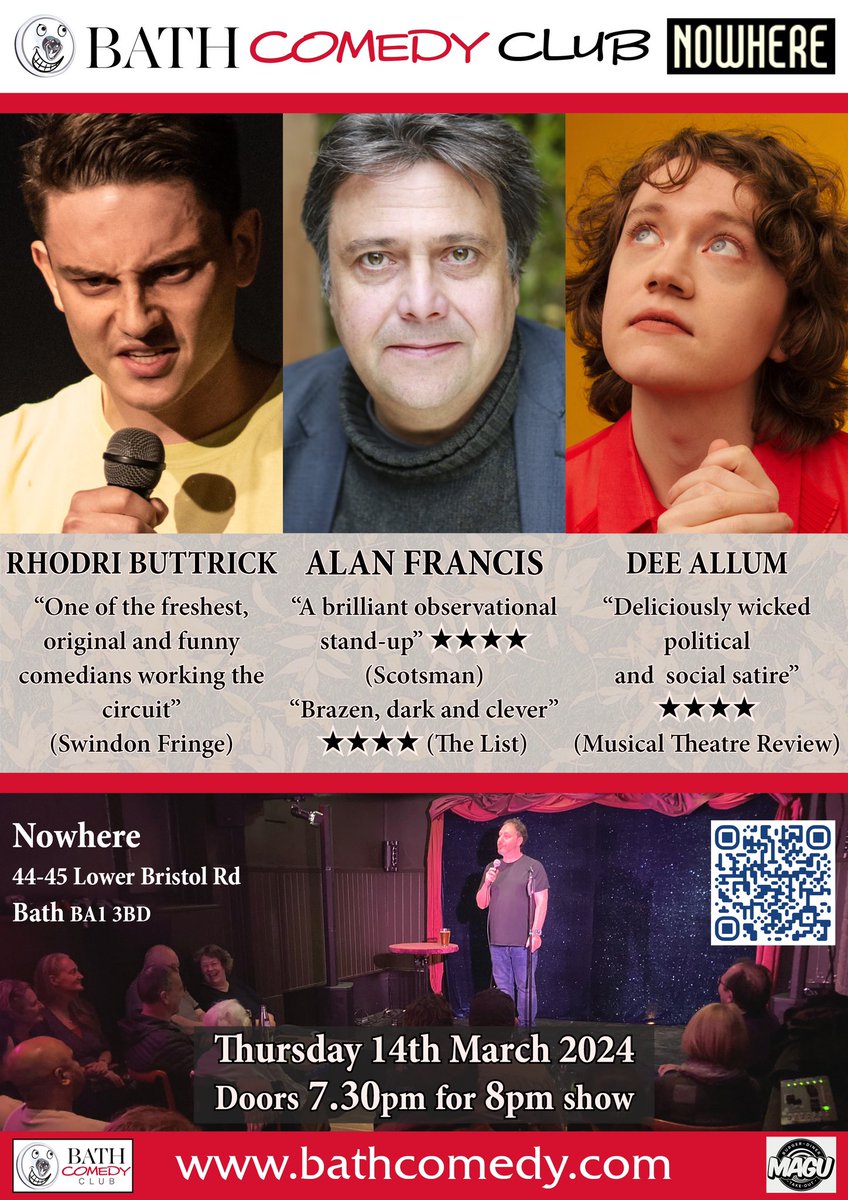 Bath Comedy Festival (@bathcomedyfest) on Twitter photo Tonight at Nowhere our latest Bath Comedy Club stars <a href="/alanfrancis8/">alan francis</a> Dee Allum and <a href="/rhodders/">Rhodri Buttrick</a> - tickets available online or on the door. Show starts at 8pm; get there early for Magu burgers! #LaughInBath <a href="/InBath/">InBath</a> <a href="/VisitBath/">Visit Bath</a> <a href="/BathEnts/">Bath Chron What's On</a> <a href="/bathgigsbands/">Bath Gigs & Bands</a> <a href="/BathEcho/">Bath Echo</a> Tonight at Nowhere our latest Bath Comedy Club stars <a href="/alanfrancis8/">alan francis</a> Dee Allum and <a href="/rhodders/">Rhodri Buttrick</a> - tickets available online or on the door. Show starts at 8pm; get there early for Magu burgers! #LaughInBath <a href="/InBath/">InBath</a> <a href="/VisitBath/">Visit Bath</a> <a href="/BathEnts/">Bath Chron What's On</a> <a href="/bathgigsbands/">Bath Gigs & Bands</a> <a href="/BathEcho/">Bath Echo</a>