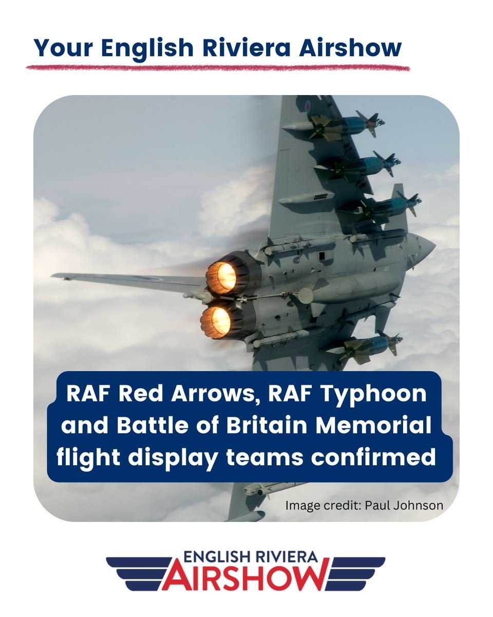 The team behind organising the @RivieraAirshow have received confirmation that the RAF Red Arrows, RAF Typhoon, and the Battle of Britain Memorial flight teams will be appearing at the two-day event this June. Read more on our website: torbay.gov.uk/news/pr9083/