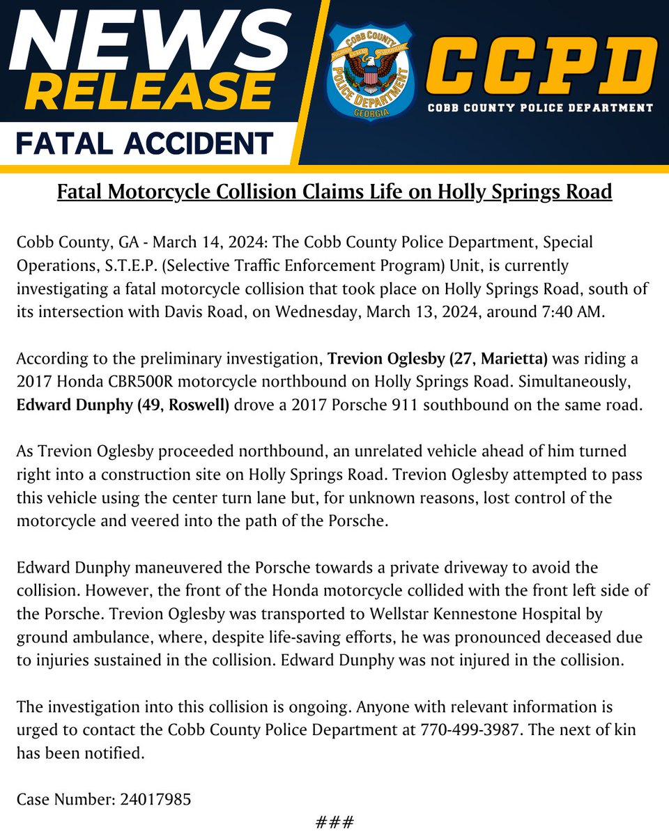 Fatal Motorcycle Collision Claims Life on Holly Springs Road
