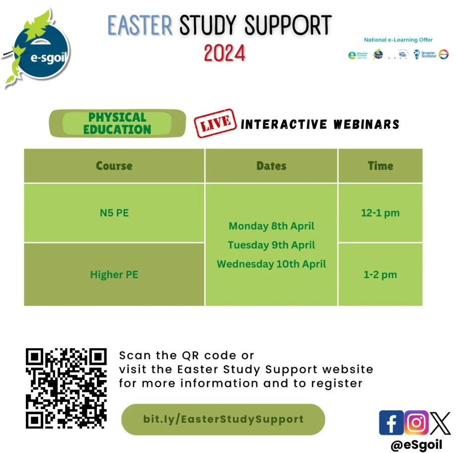 Teaching or studying PE in the Senior Phase? You can check our Easter Study Support webinar times at a glance with this handy timetable graphic. Please feel free to share in your school department or online. e-sgoil.com/senior-phase/e……………… #NeLO