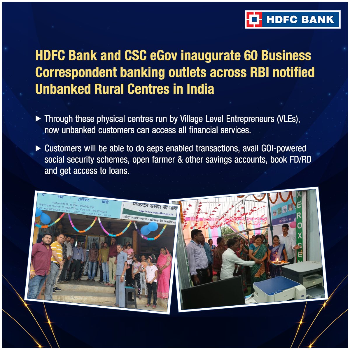 HDFC Bank in partnership with CSC eGov expands financial inclusion in rural & semi-urban India by launching 60 Banking Outlets across the RBI notified unbanked rural centres. Run by CSC VLE’s, these will provide unbanked customers with access to essential banking services like…