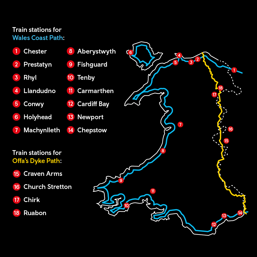 🛤️Arrive by train and explore by foot; here is a map of stations that act as gateways to renowned walking routes in Wales 👣For walking itineraries visit: tfw.wales/ways-to-travel… @WalesCoastPath @glyndwrsway @OffasDykePath