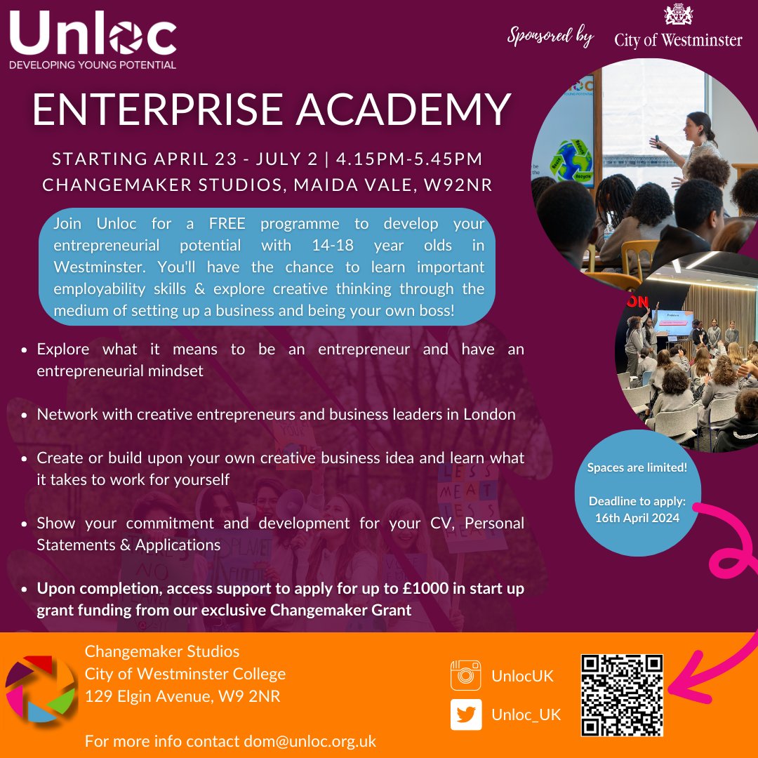 Join @unloc_uk's free Enterprise Academy for 14-18 year olds. Learn about employability skills, explore creative thinking and network with other like-minded young people. Apply here👉 forms.monday.com/forms/6774855b…