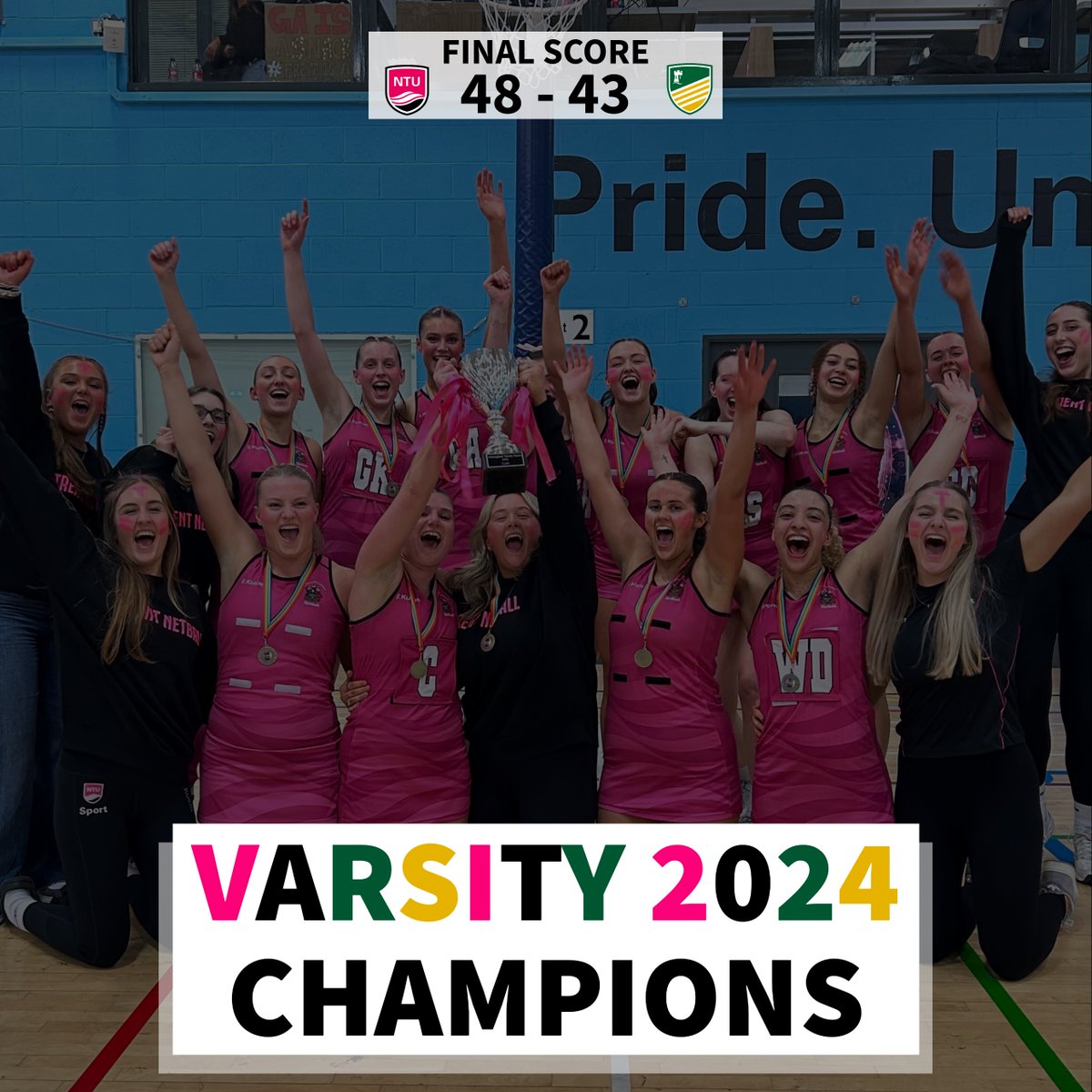 Varsity 2024 Champions! 🏆

Hours of trainings and resilience from our girls to take home the trophy. We are all proud to say we are Varsity winners for another year running!

Let's go pink army!

#NTUSport #PinkArmy #ProudToBePink