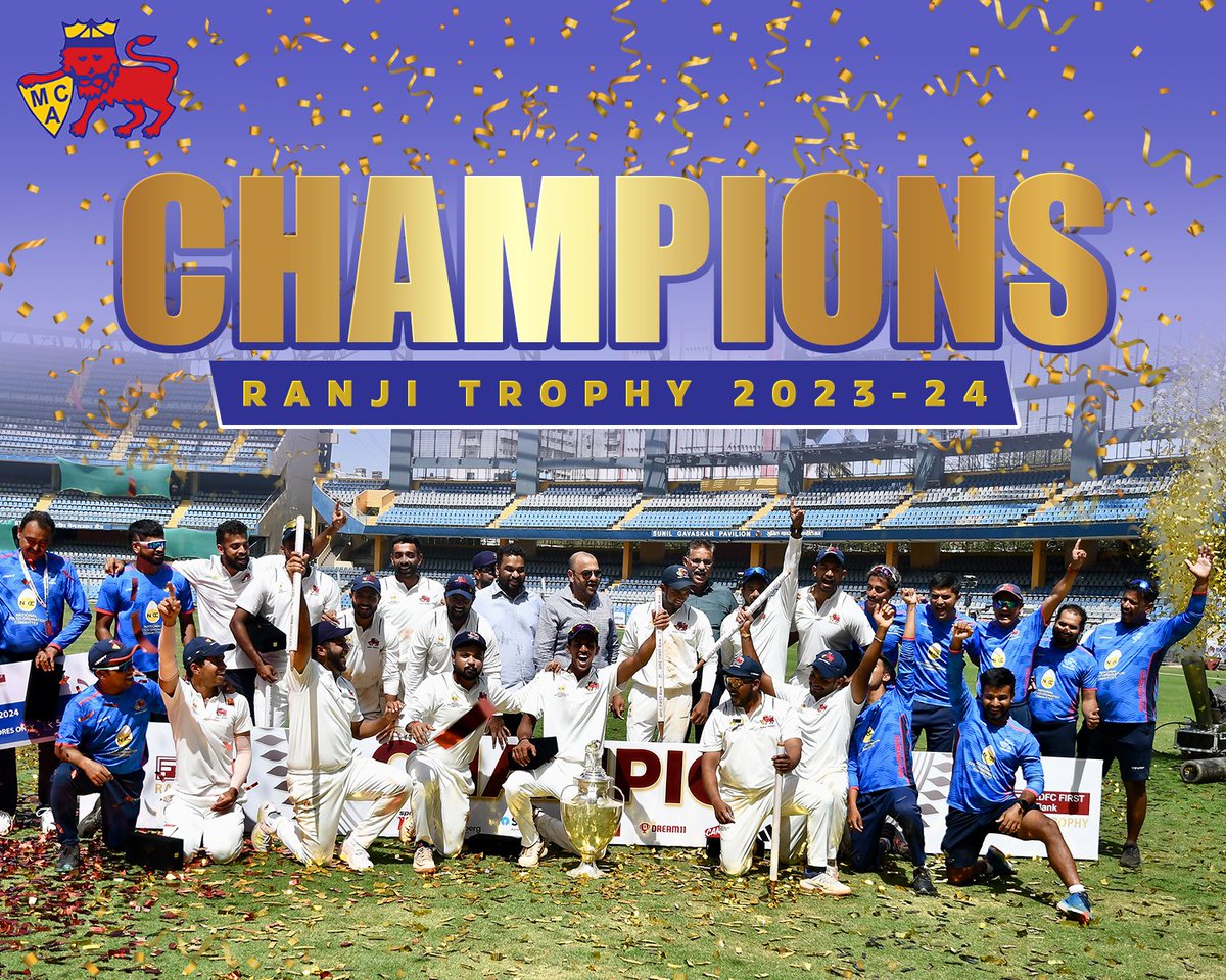 𝑹𝒆𝒊𝒈𝒏𝒊𝒏𝒈 𝑪.𝑯.𝑨.𝑴.𝑷.𝑰.𝑶.𝑵.𝑺 🏆

MCA proudly celebrates another #RanjiTrophy triumph  🎊

#MCA #Mumbai #Wankhede #BCCI #Champions #RanjiTrophyFinal #Final