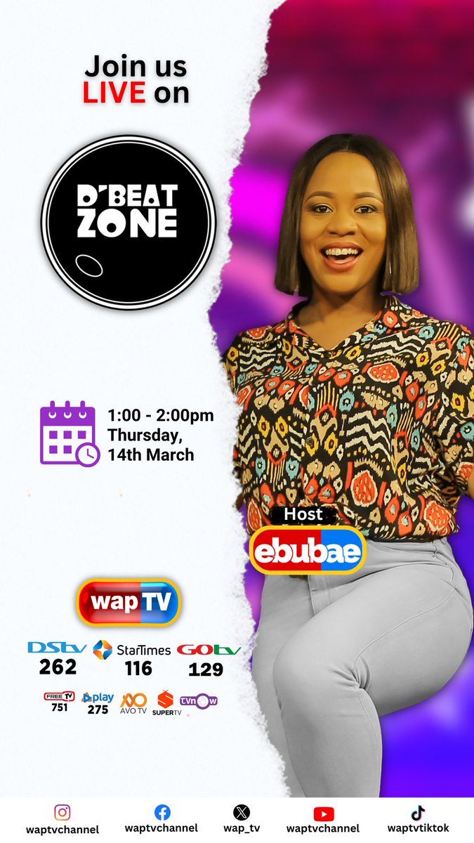 wap_tv's tweet photo. Get ready to groove to some Naija throwbacks on #DBeatZone
Tune in 1:00 - 2:00pm today only on #waptv
Host: Ebubae
#dbeatzone #ebube #liveshow #entertainment #explore #viral #motherslove #entertainmentshow #fyp #trending #music #viral #viralvideo #throwback #throwbackthursday https://t.co/8AwIopHq7A