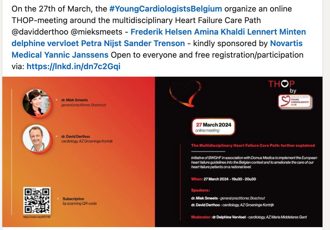 Belgian Young Cardiologists’ Club (@youngcardiobe) on Twitter photo On the 27t of march, the #YoungCardiologistsBelgium organize an online THOP-meeting around the multidisciplinary Heart Failure Care Path @davidderthoo @mieksmeets kindly sponsored by <a href="/NovartisMedical/">Novartis Medical</a> Open to everyone & free registration/participation via : lnkd.in/dn7c2Gqi On the 27t of march, the #YoungCardiologistsBelgium organize an online THOP-meeting around the multidisciplinary Heart Failure Care Path @davidderthoo @mieksmeets kindly sponsored by <a href="/NovartisMedical/">Novartis Medical</a> Open to everyone & free registration/participation via : lnkd.in/dn7c2Gqi