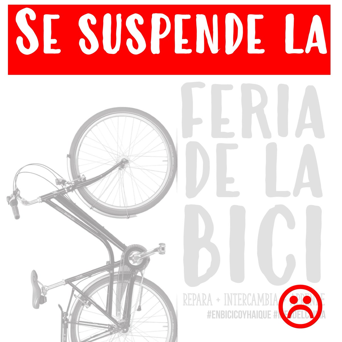 Lamentamos informar que por la alta probabilidad de lluvia, viento y frío se ha suspendido la Feria de la Bici este sábado 🌧❄
Esperaremos a mejores condiciones meteorológicas para poder reunirnos con todos y todas