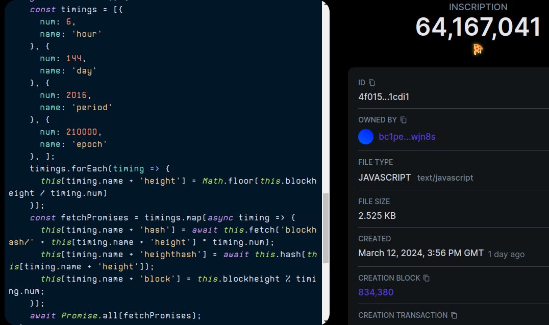 ZedZeroth's tweet image. 2/ #RareDay #ChainReactivity: My recursive JS class "ZedClock" calculates when a new rare has been mined (every 2016 blocks) using the code below. Note: Just two Rare Days left until the halving! ordinals.com/inscription/4f…