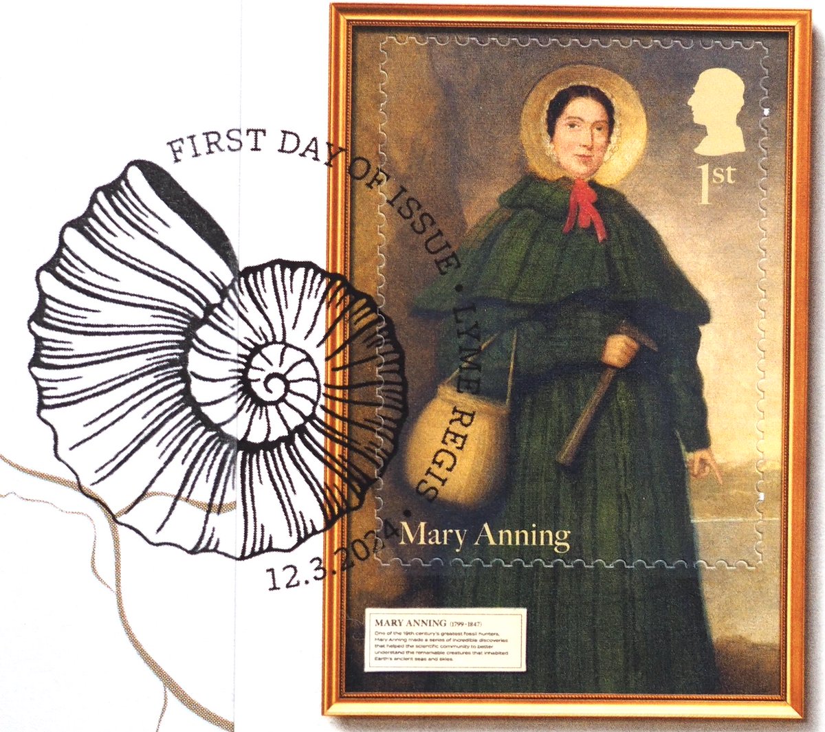 The first day cover of this week's new #MaryAnning #Stamps from @RoyalMailStamps has this appropriate and rather lovely Lyme Regis ammonite postmark.