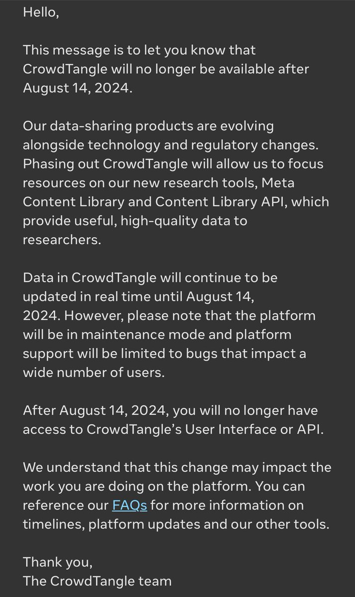 Meta is killing off CrowdTangle in August, company says.