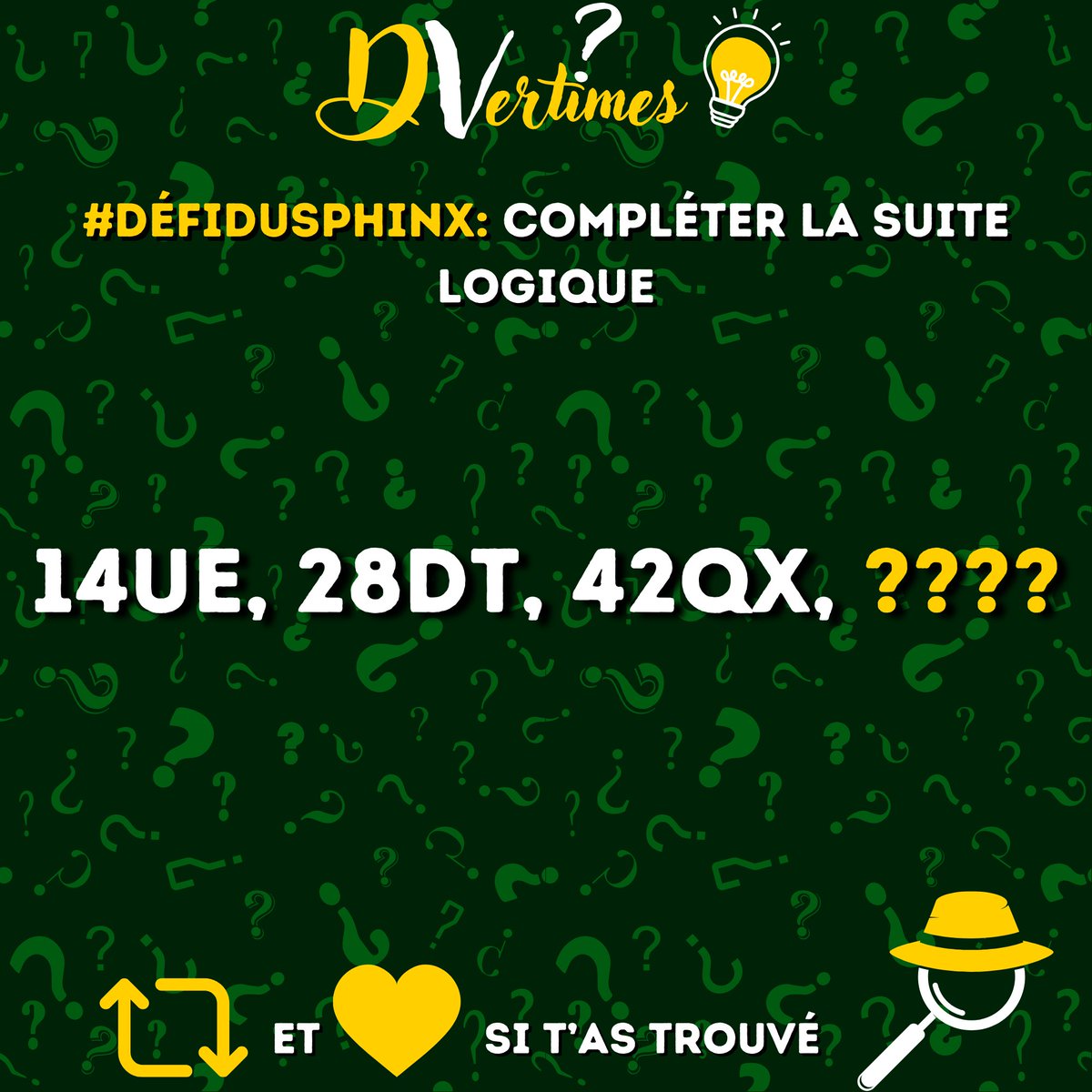 C'est parti pour le #DéfiDuSphinx ! 

Une petite suite logique qui a l'air farfelue mais qui est pas si dur que ça, bon courage 😉

RT/FAV si tu n'as pas trouvé la réponse, c'est pas grave, perso j'ai dû chercher la réponse😂