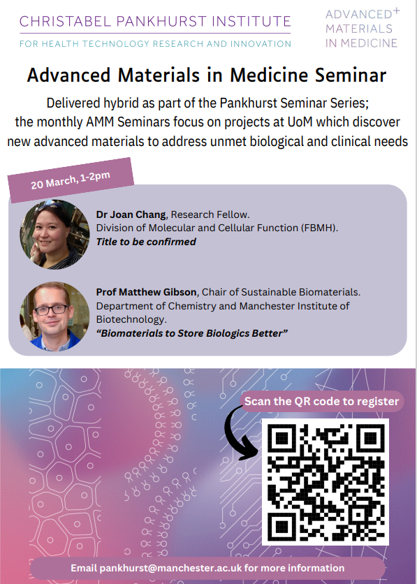 🩺Interested in #healthtechnology & innovation? Join our #AdvancedMaterials in Medicine Seminar to explore how biomaterials store biologics better with @LabGibson from @UoMChemistry & @UoMMiB🧪: eventbrite.co.uk/e/advanced-mat… @AMM_UoM @FBMH_UoM @UoMSciEng