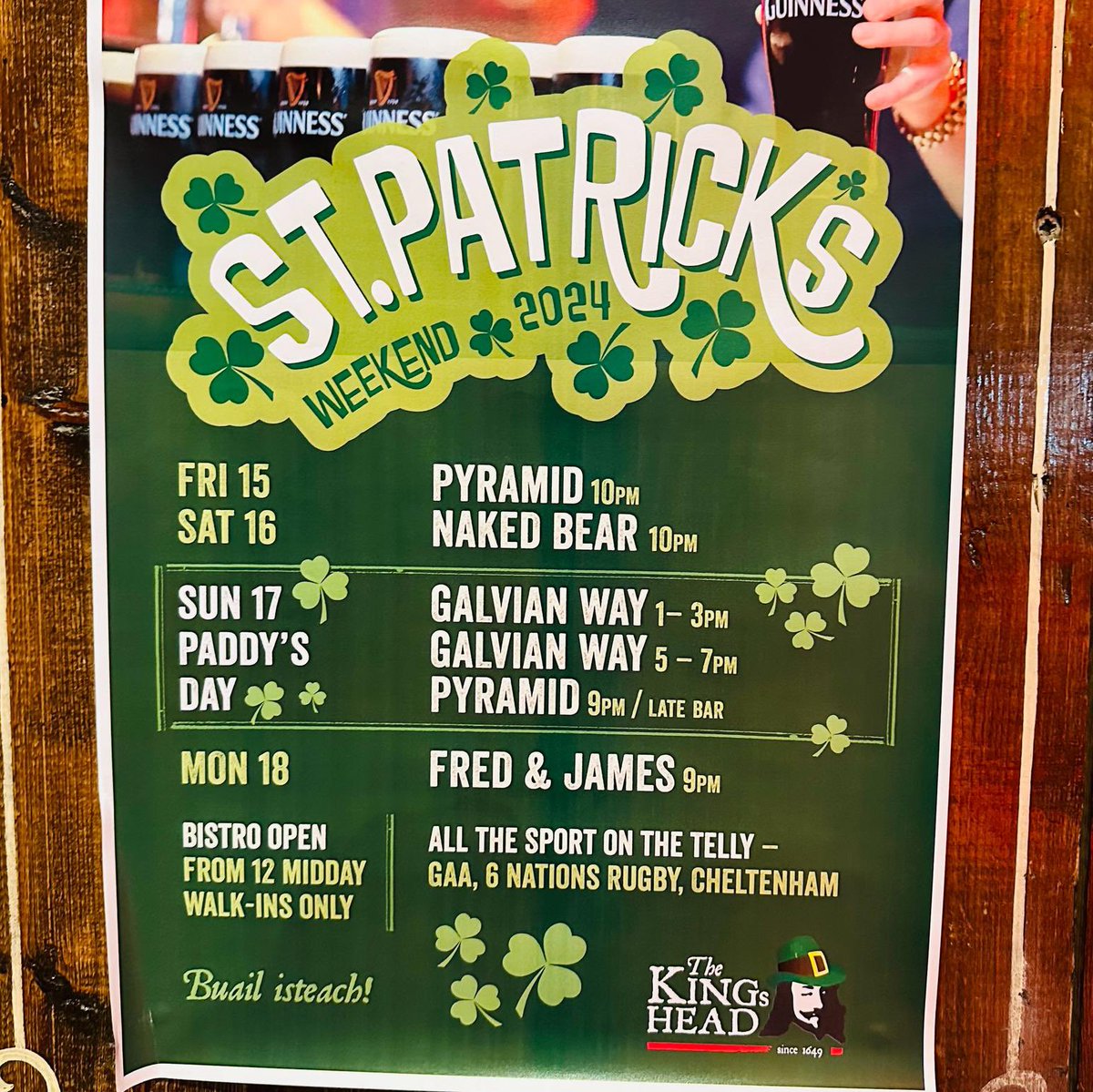 The stage is set for a fantastic St Patrick's Weekend ☘️🇮🇪☘️ Our Bistro is open for lunch & dinner every day, live music every night, great Irish whiskeys, cracking cocktails & craft beers, plus all the sport on the telly Buail Isteach ☘️👑☘️ #stpatricksday #galway #paddysday