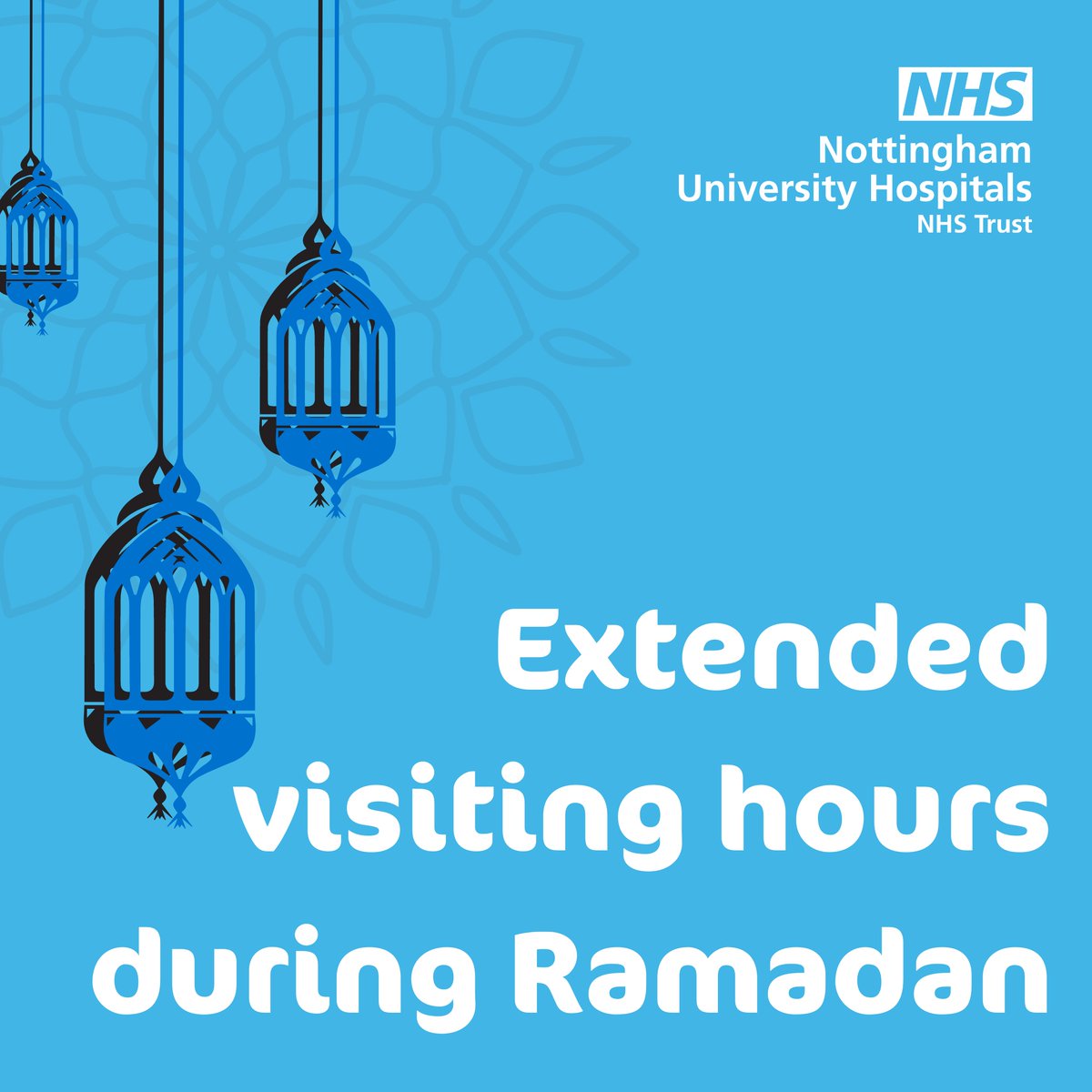 Visiting times at the Queen’s Medical Centre and Nottingham City Hospital have been extended during the holy month of Ramadan.

This will allow people enough time to visit following Iftar, the meal eaten by Muslims to break their fast.

🔗nuh.nhs.uk/latest-news/vi…