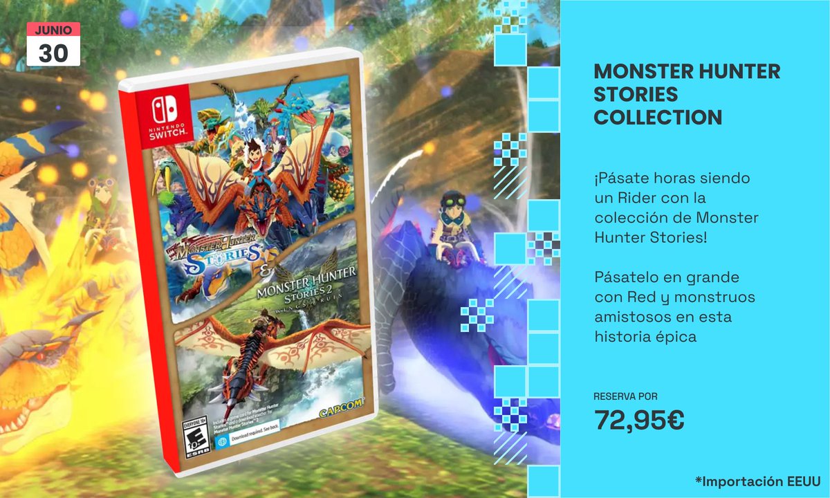 xtralife_es's tweet photo. ¡Pásate horas siendo un Rider con #MonsterHunterStoriesCollection!🐉
Pásatelo en grande con Red y monstruos amistosos en esta historia épica reservándolo por 72,95 €
Incluye:
#MonsterHunterStories
#MonsterHunterStories2 Wings of Ruin (digital)
https://t.co/KuoHxZYJHI https://t.co/jzvMr4sSYj