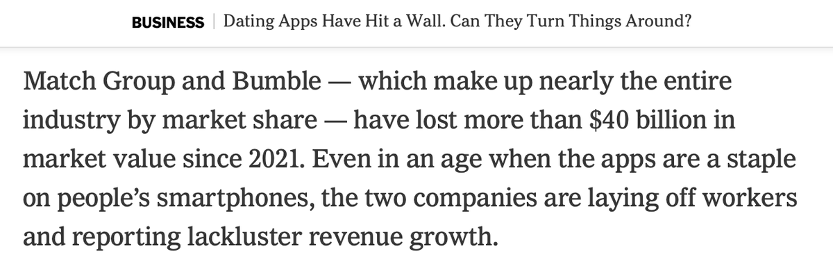 PTBwrites's tweet photo. Dating apps are struggling to hit revenue targets due to burnout with the product and demographic shifts

The Q: could we see a shift to offline ways of meeting or did they sufficiently destroy traditional patterns/ecosystem that Gen Z will be even worse off w/o them than w/them https://t.co/DXNg37MgMR