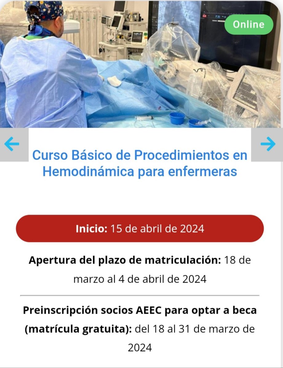 📣"Curso Básico de Procedimientos en Hemodinámica para enfermeras".
➡️Plazo de inscripción del 18 de marzo al 4 de abril
➡️ Inscripción socios para optar a beca(matrícula gratuita) del 18 al 31 de marzo
Más información en 
caduceomultimedia.us8.list-manage.com/track/click?u=…