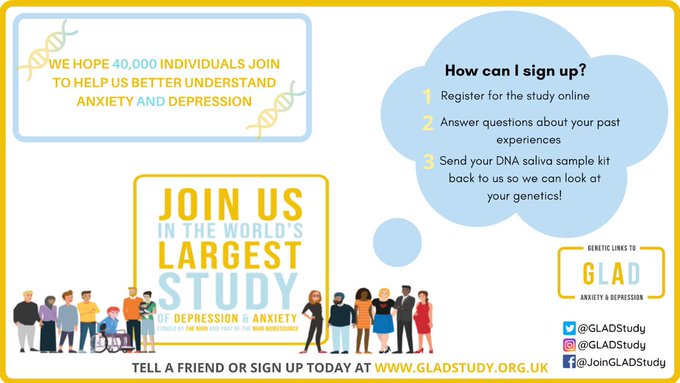 Do you know anyone who has experienced #anxiety or #depression, please encourage them to sign up to the @GLADStudy to help improve the lives of future generations. Sign up at gladstudy.org.uk @NIHRresearch @Southern_NHSFT