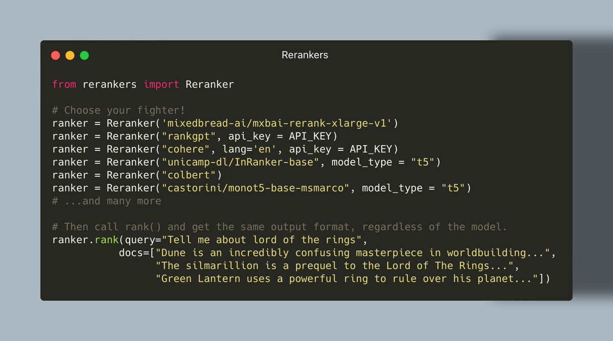 Document reranking is powerful, but daunting to get started with. Moreover, trying a new approach requires modifying your pipeline, even though it does the same thing! Introducing 🔧rerankers: a lightweight library to provide a unified way to use various reranking methods🧵1/?