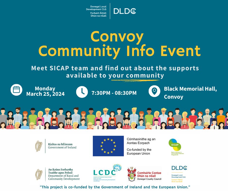 📢 Join us at the Convoy Community Info Event! 🌟 Learn how DLDC can support your group. Monday, March 25th, 2024, 7:30-8:30 PM, Black Memorial Hall. Connect with our SICAP team for support & empowerment. #ConvoyCommunity #SICAP #EUfunding #IrelandGovernment #SocialInclusion