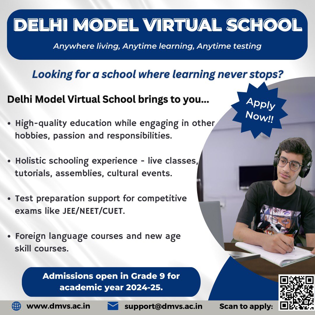 Admissions open for Class 9 at DMVS, a full-time virtual school offering top-notch education to students seeking a balance between formal education, hobbies, passion &amp; other responsibilities.

To apply, visit dmvs.ac.in

Last date to apply-31st March, 2024.
