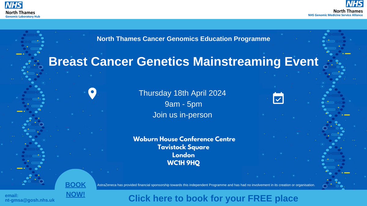 📢New event announcement! Our Breast Cancer Genetics Mainstreaming Event 2024 will take place on 18 April. Join us in person for expert talks, facilitated discussions, networking and more. View the programme and sign up for free: re-url.uk/W9LC