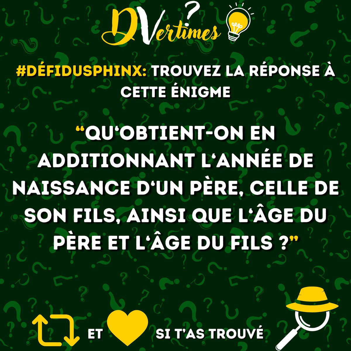 C'est l'heure du #DéfiDuSphinx !

En vérité la réponse n'est pas tout à fait juste, certains vont le remarquer, mais j'aime bien le concept 😅

RT/FAV si toi aussi t'a un âge