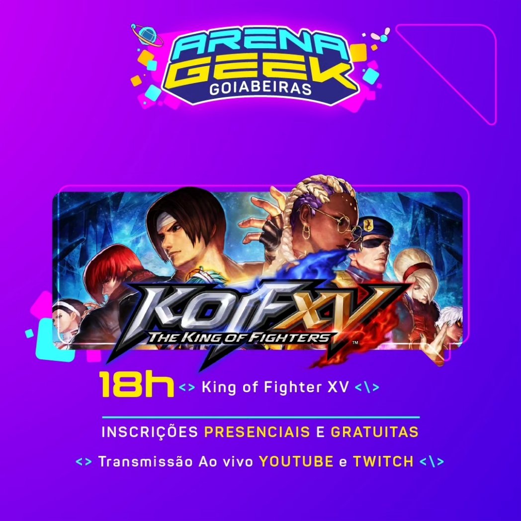 CuiabanoGeek's tweet photo. Tá chegando a hora! SÁB - 16/mar - TORNEIO DE KOFXV NO GOIABEIRAS SHOPPING
ULTIMATE CYBER TOURNAMENT

#FGC #CUIABA #KOFXV #FGCMT https://t.co/wdrZLoNJMy