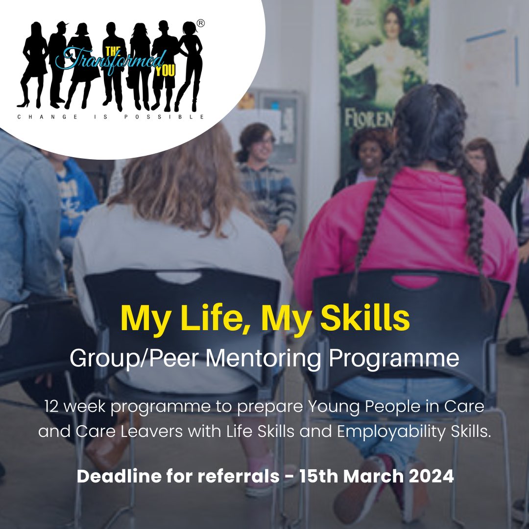 Want to inspire a #YoungPersonInCare with hope and equip them with the essential skills they'll need to achieve their aspirations? Refer them now to our 12-week 'My Skills, My Life' Programme starting the 24th April. To make a referral visit: thetransformedyou.co.uk/group/peer-men…