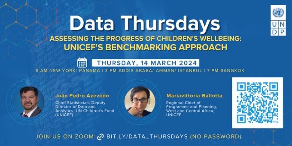 Join us now! 🚨Title: Assessing the Progress of Children’s Wellbeing: UNICEF’s Benchmarking Approach 📆Date: Thursday, 14 March 2024 ⏰Time: 8:00 AM New York/ Panama | 4:00 PM Addis Ababa/ Amman/ Istanbul | 8:00 PM Bangkok Registration: buff.ly/3Pl0b8D