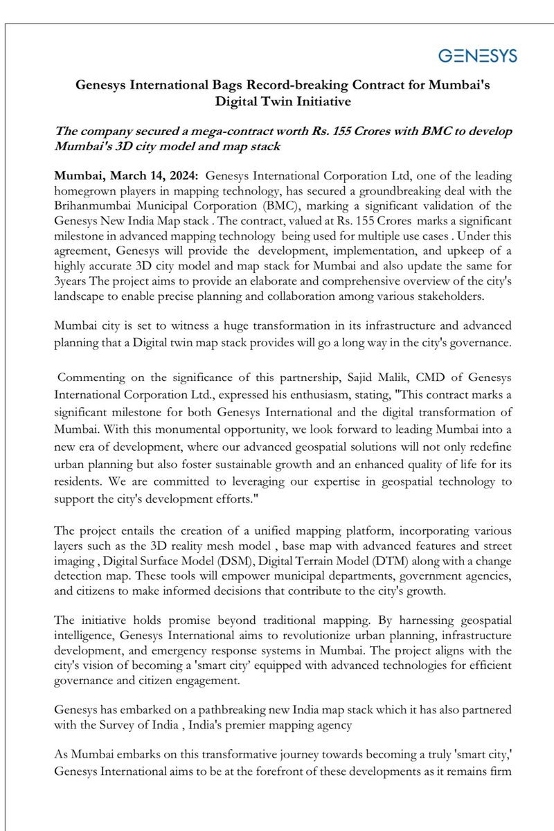 Goldforestinves's tweet image. Genesys International has just clinched a whopping Rs. 155 Crore deal with BMC for Mumbai&apos;s 3D city modeling, setting the stage for a smart city revolution with its advanced geospatial tech! 🏙️🌐 

#Mumbai3DModel #SmartCity #GeospatialTech