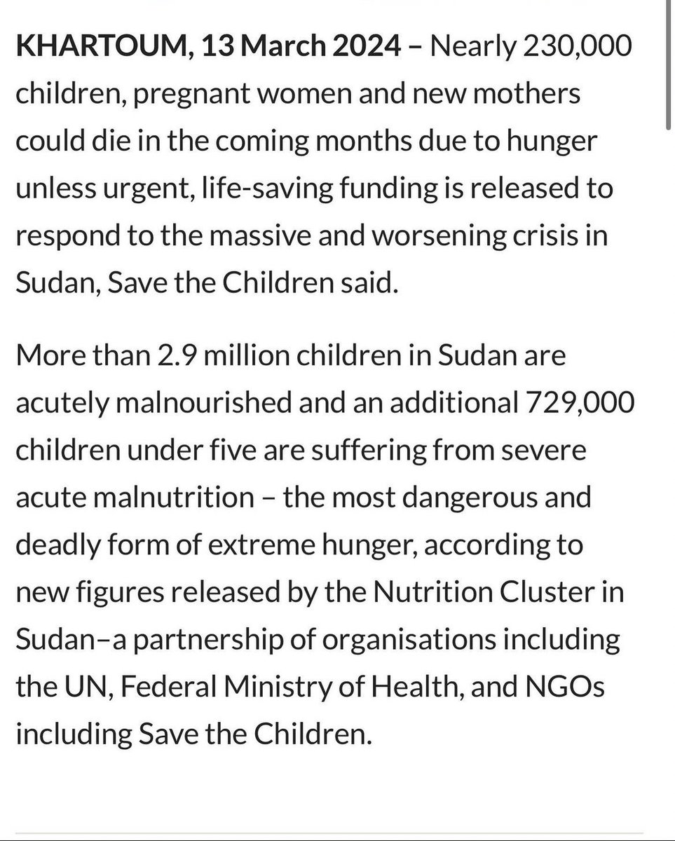 “Nearly 230,000 children, pregnant women and new mothers could die in the coming months due to hunger” This is the most devastating news headline I had EVER read in my life. #KeepEyesOnSudan